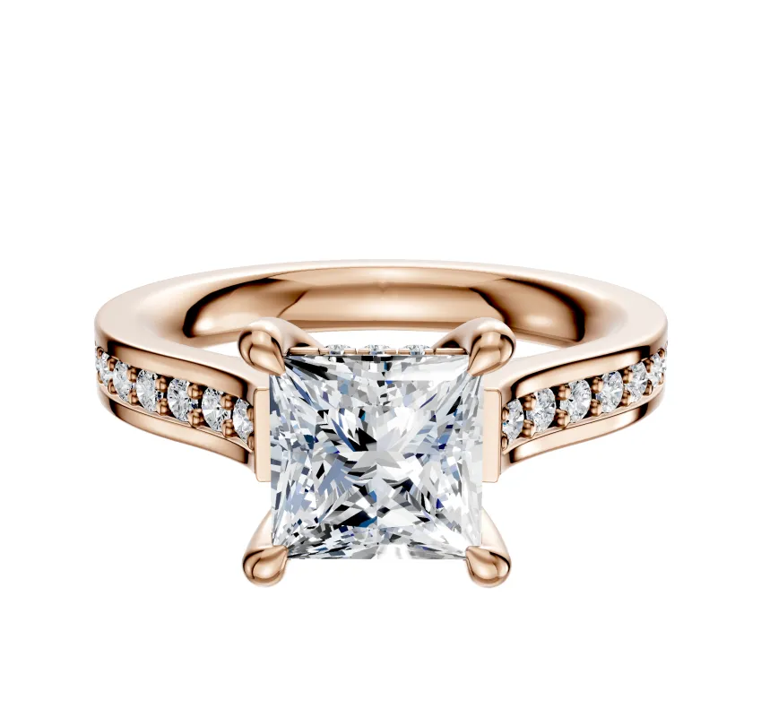 18K Rose Gold 4 Prong Hidden Halo Cathedral Flat 1-Row-Pave 2.5mm Engagement Ring sold by Promise By Effy