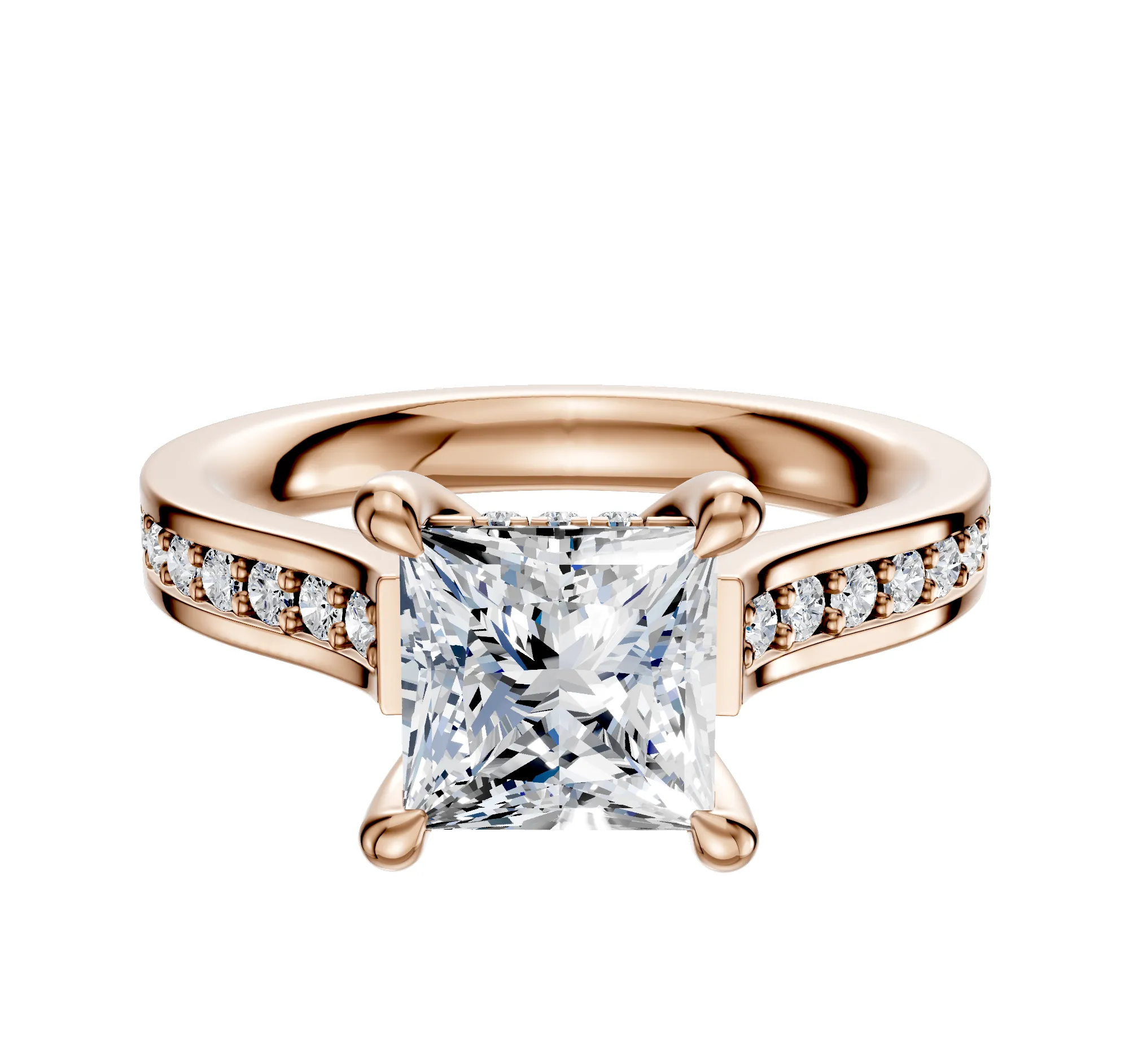 18K Rose Gold 4 Prong Hidden Halo Cathedral Flat 1-Row-Pave 2.5mm Engagement Ring sold by Promise By Effy