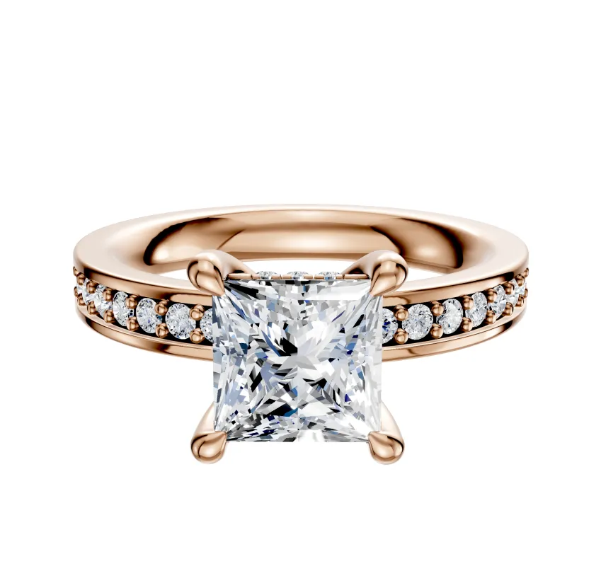 14K Rose Gold 4 Prong Hidden Halo Classic Flat 1-Row-Pave 2.5mm Engagement Ring sold by Promise By Effy
