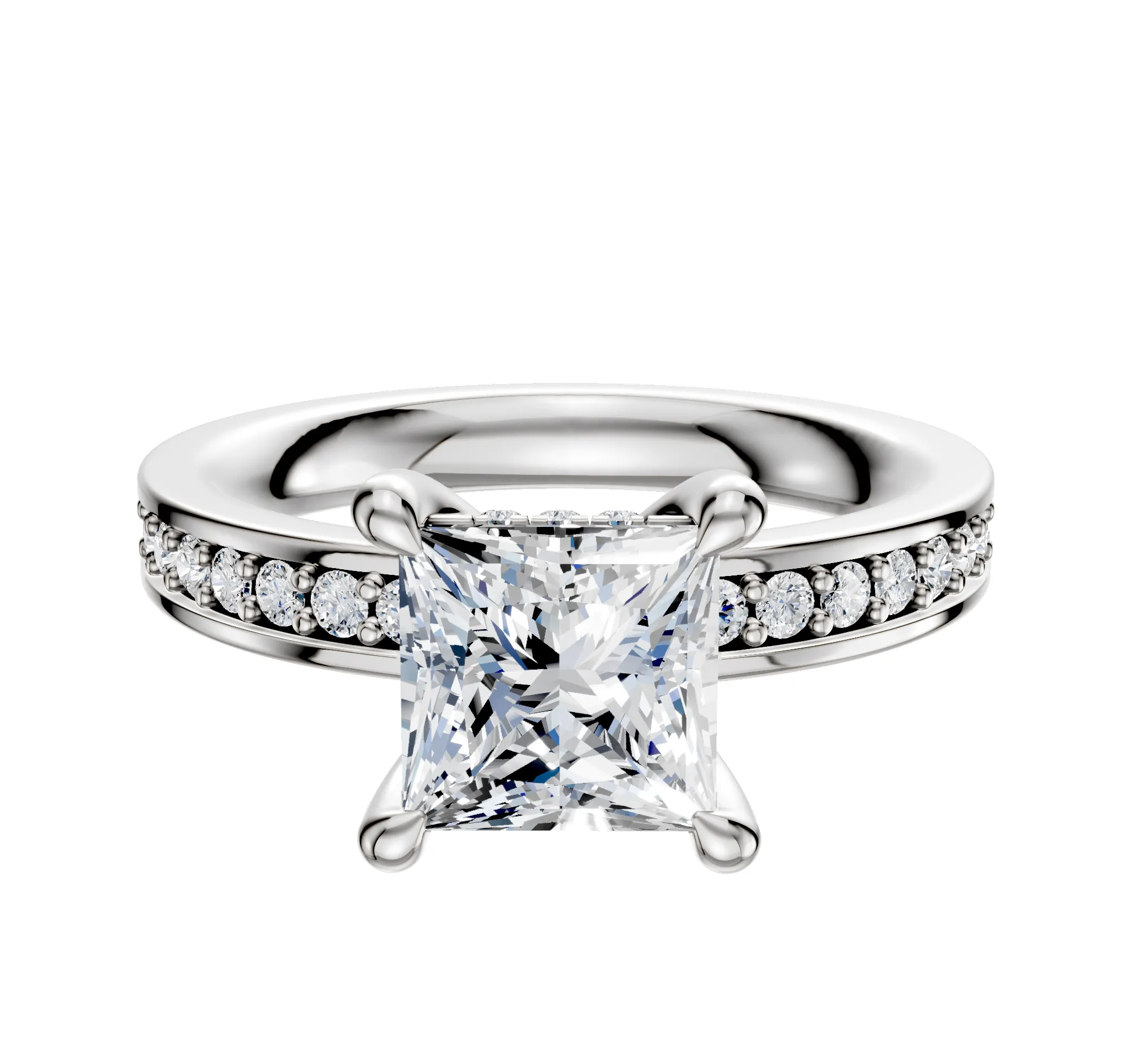 18K White Gold 4 Prong Hidden Halo Classic Flat 1-Row-Pave 2.5mm Engagement Ring sold by Promise By Effy