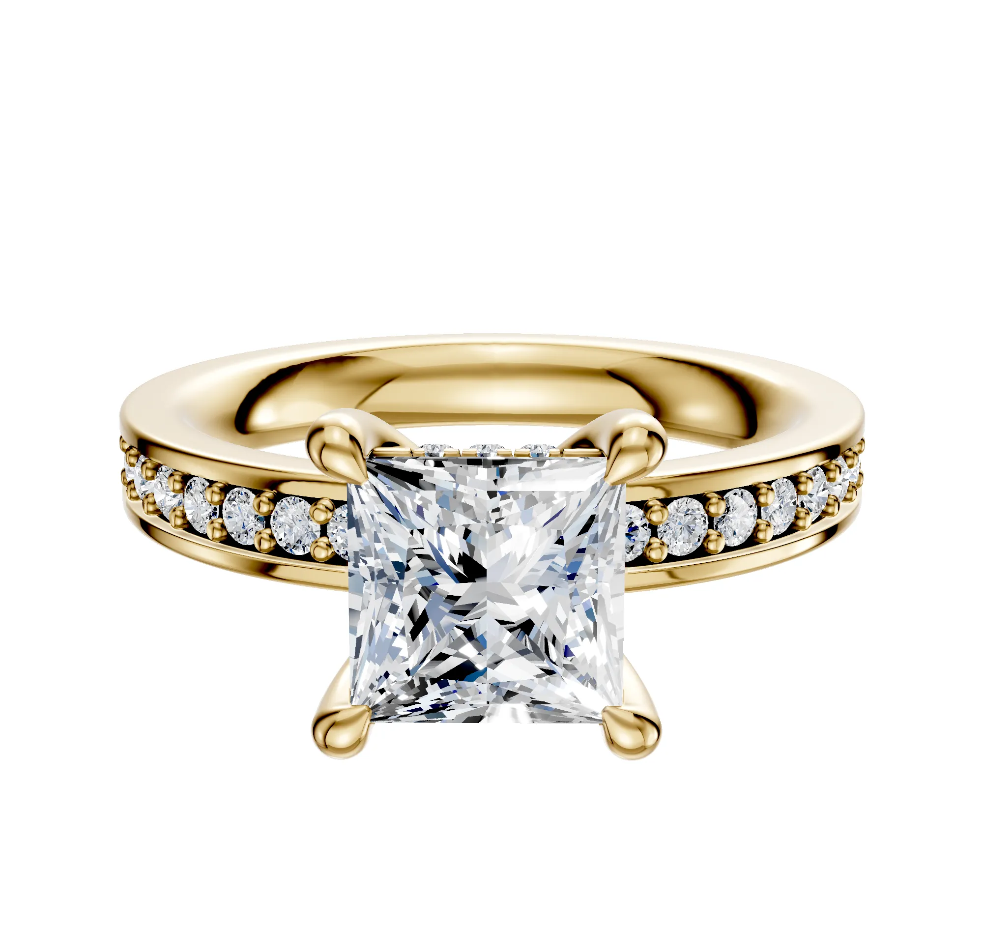 18K Yellow Gold 4 Prong Hidden Halo Classic Flat 1-Row-Pave 2.5mm Engagement Ring sold by Promise By Effy