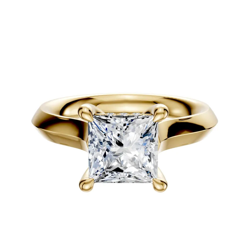 18K Yellow Gold 4 Prong Hidden Halo Cathedral Knife Edge 3.0mm Engagement Ring sold by Promise By Effy