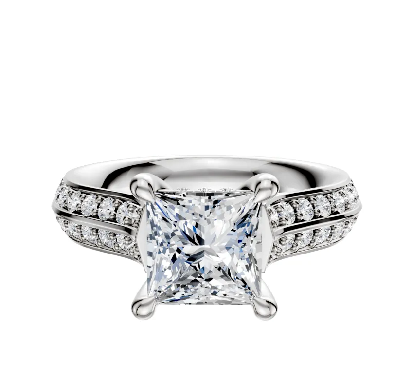 14K White Gold 4 Prong Hidden Halo Cathedral Knife Edge 1-Row-Pave 2.5mm Engagement Ring sold by Promise By Effy