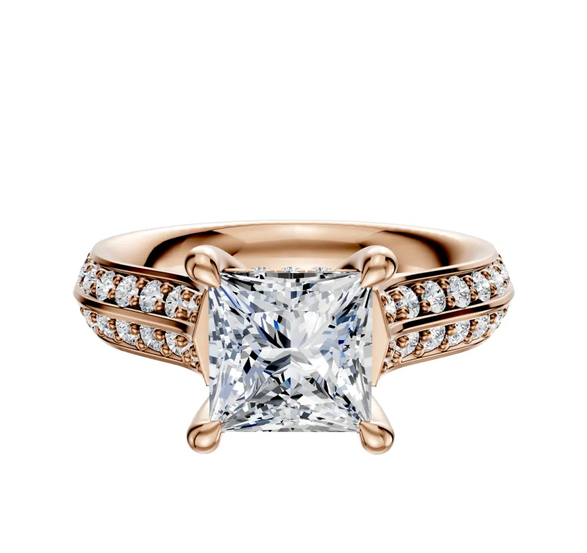 14K Rose Gold 4 Prong Hidden Halo Cathedral Knife Edge 1-Row-Pave 2.5mm Engagement Ring sold by Promise By Effy