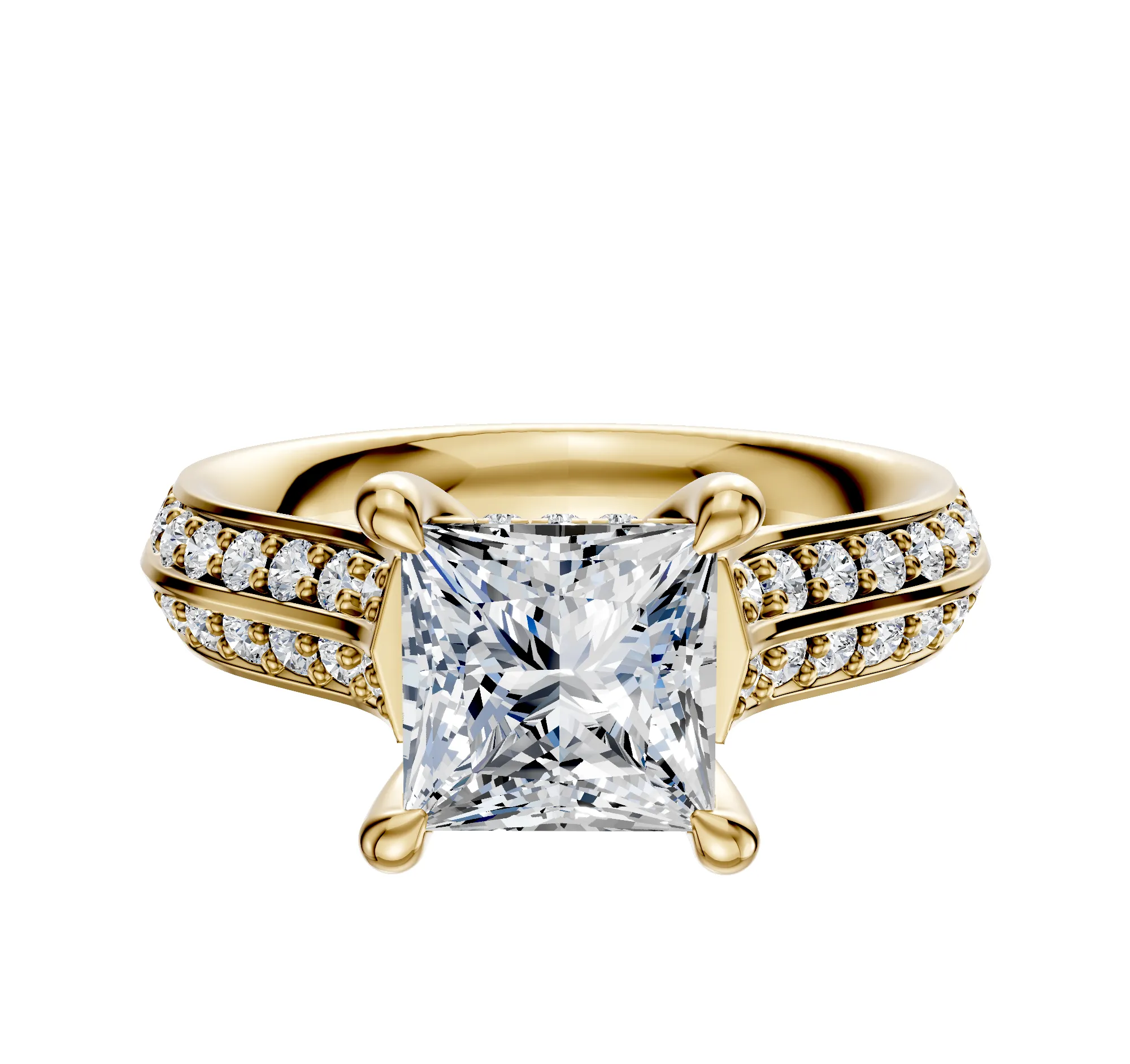 14K Yellow Gold 4 Prong Hidden Halo Cathedral Knife Edge 1-Row-Pave 2.5mm Engagement Ring sold by Promise By Effy