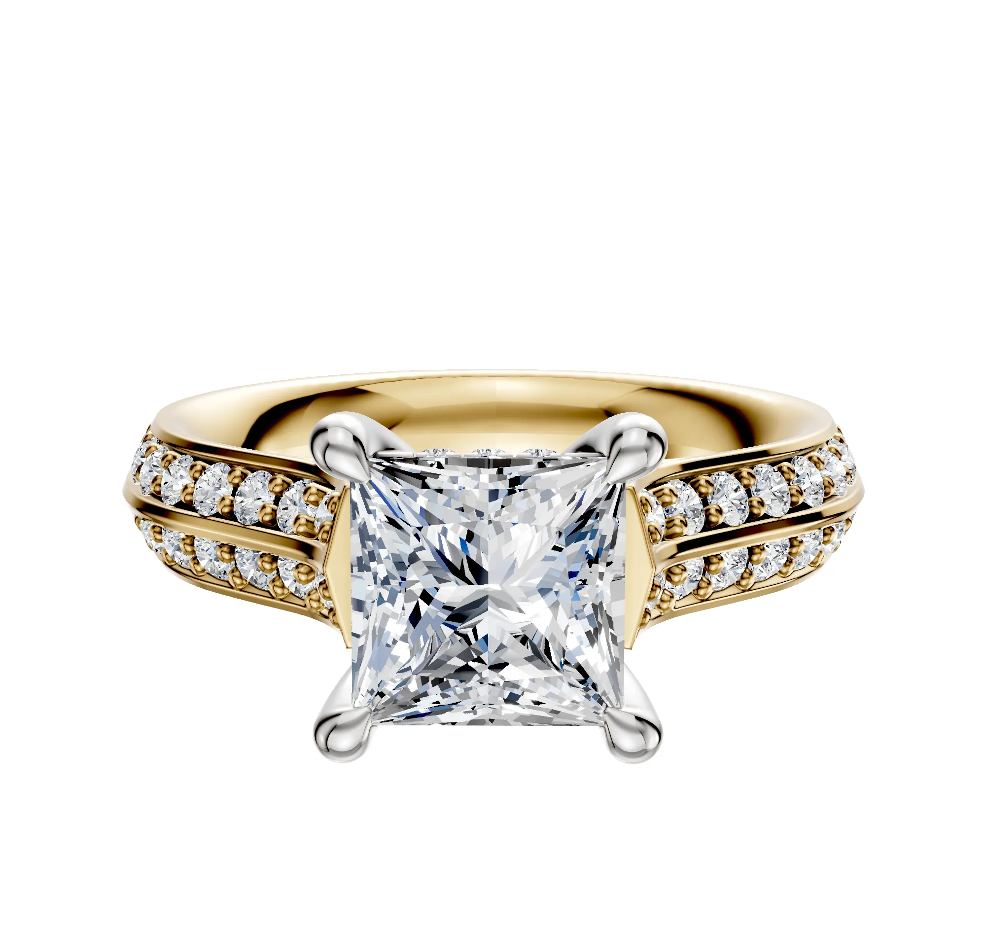 14K Two Tone 4 Prong Hidden Halo Cathedral Knife Edge 1-Row-Pave 2.5mm Engagement Ring sold by Promise By Effy