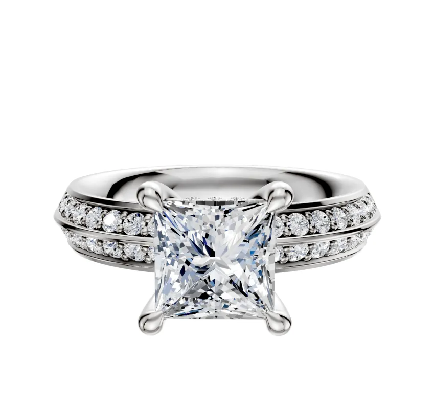 14K White Gold 4 Prong Hidden Halo Classic Knife Edge 1-Row-Pave 2.5mm Engagement Ring sold by Promise By Effy