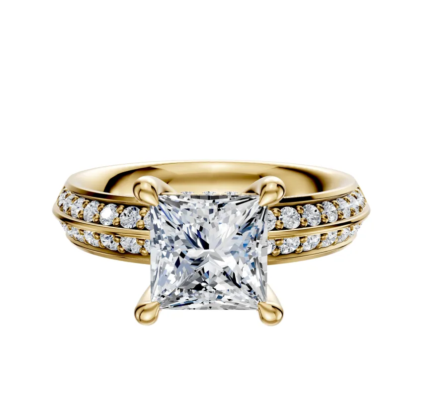 18K Yellow Gold 4 Prong Hidden Halo Classic Knife Edge 1-Row-Pave 2.5mm Engagement Ring sold by Promise By Effy