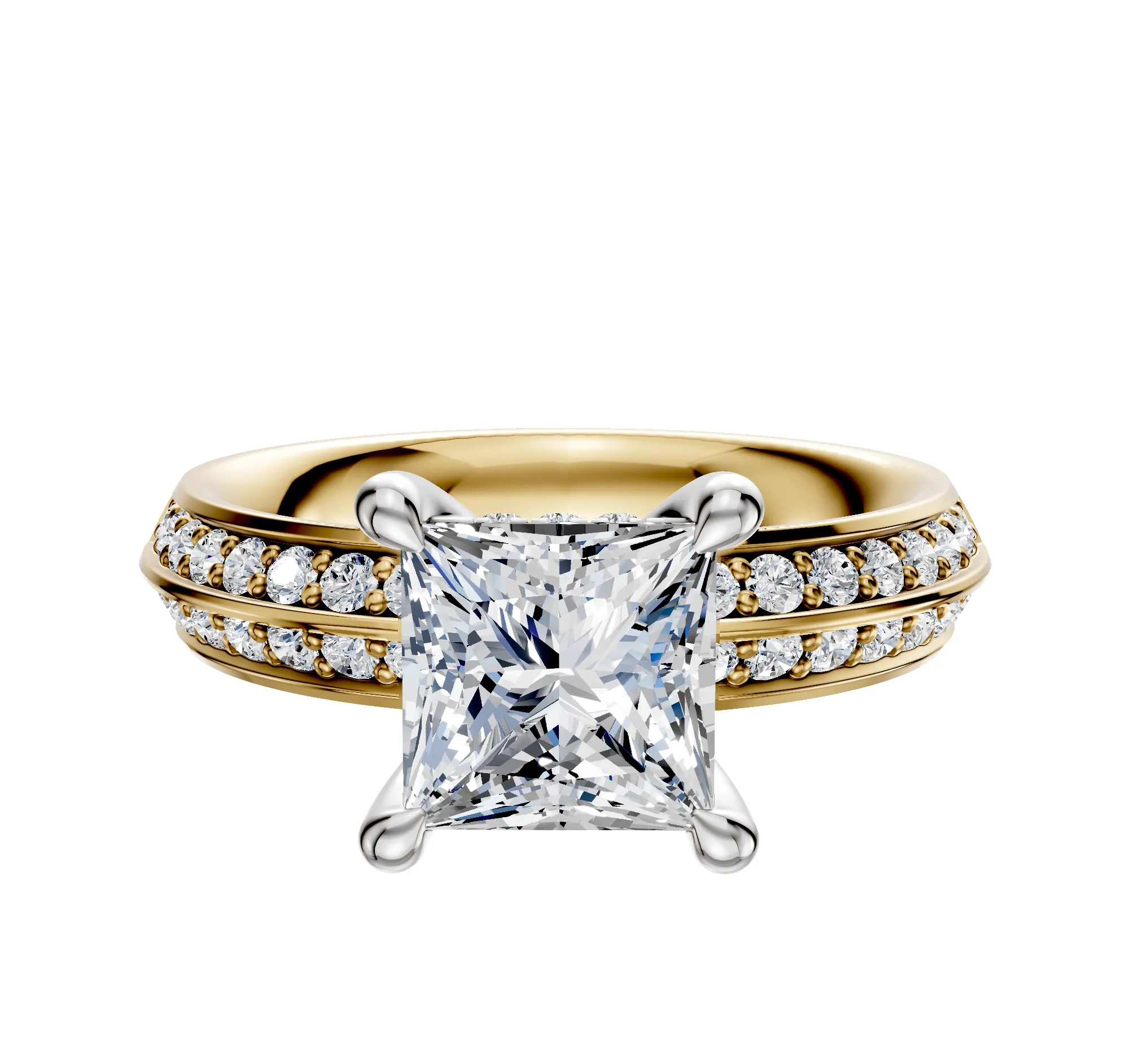 14K Two Tone 4 Prong Hidden Halo Classic Knife Edge 1-Row-Pave 2.5mm Engagement Ring sold by Promise By Effy