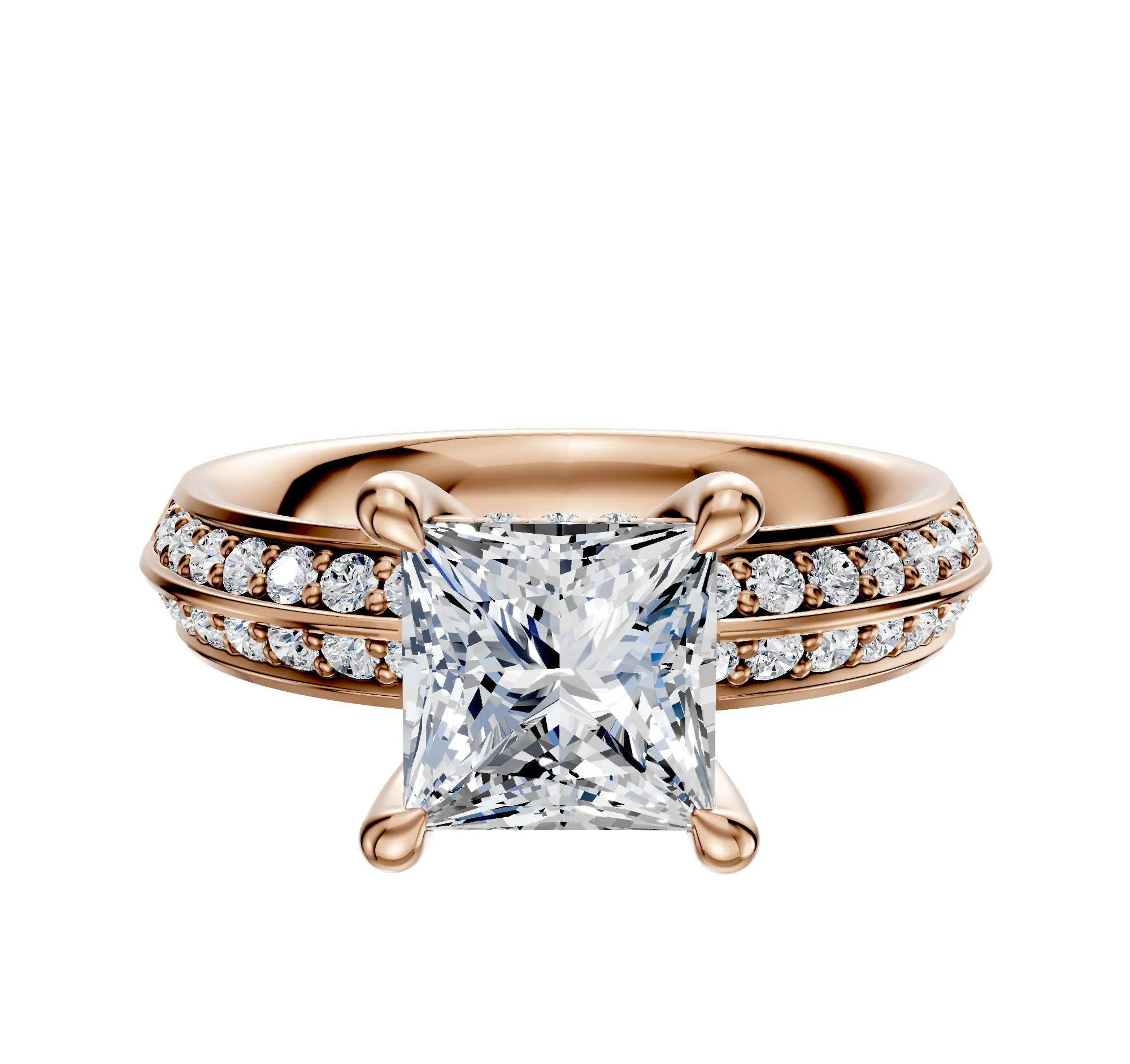 18K Rose Gold 4 Prong Hidden Halo Classic Knife Edge 1-Row-Pave 2.5mm Engagement Ring sold by Promise By Effy