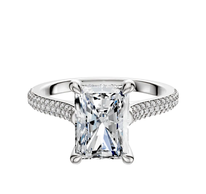 14K White Gold 4 Prong Hidden Halo Cathedral Dome 3-Row-Pave 2.0mm Engagement Ring made by Promise By Effy