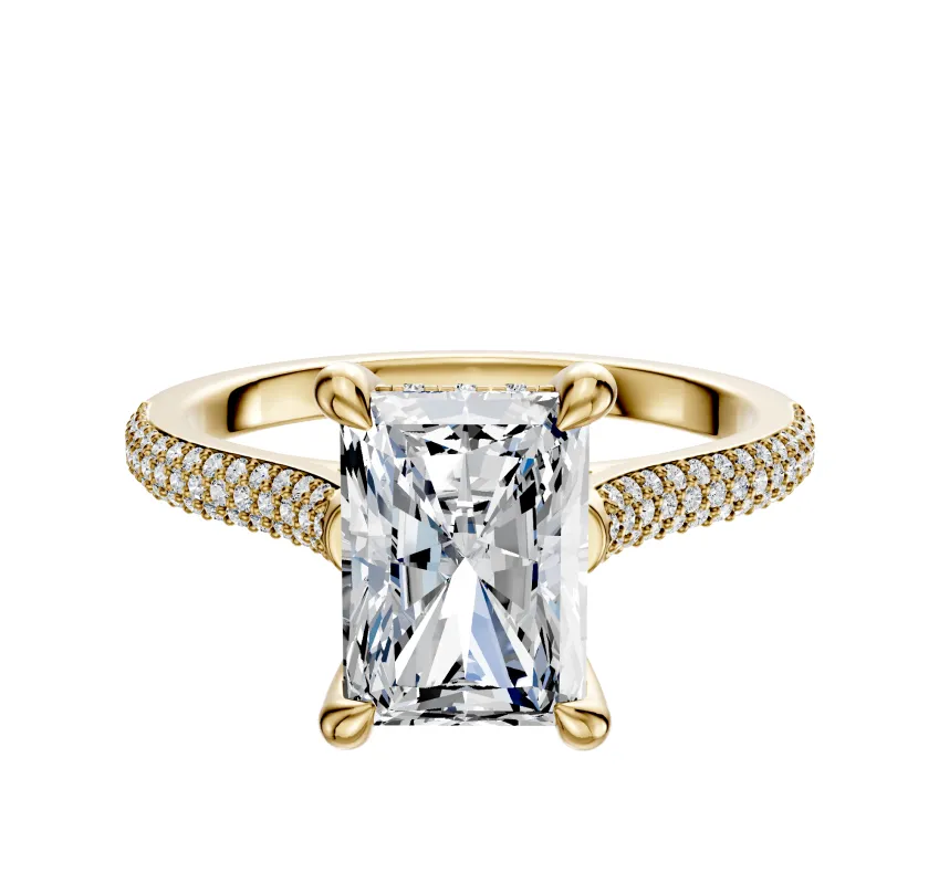 18K Yellow Gold 4 Prong Hidden Halo Cathedral Dome 3-Row-Pave 2.0mm Engagement Ring sold by Promise By Effy