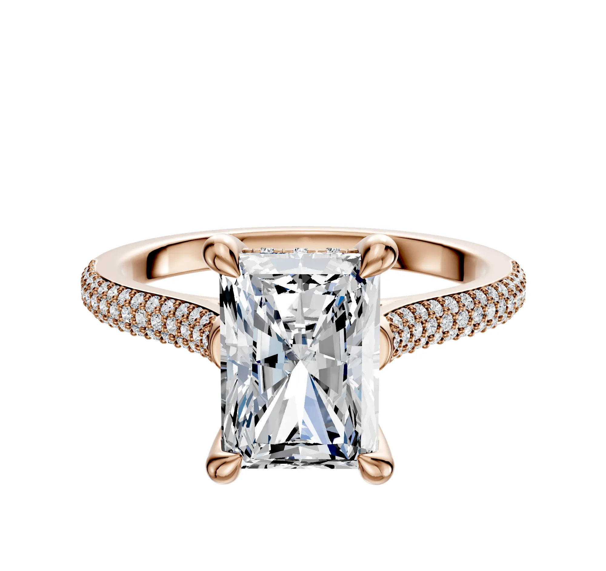 18K Rose Gold 4 Prong Hidden Halo Cathedral Dome 3-Row-Pave 2.0mm Engagement Ring sold by Promise By Effy