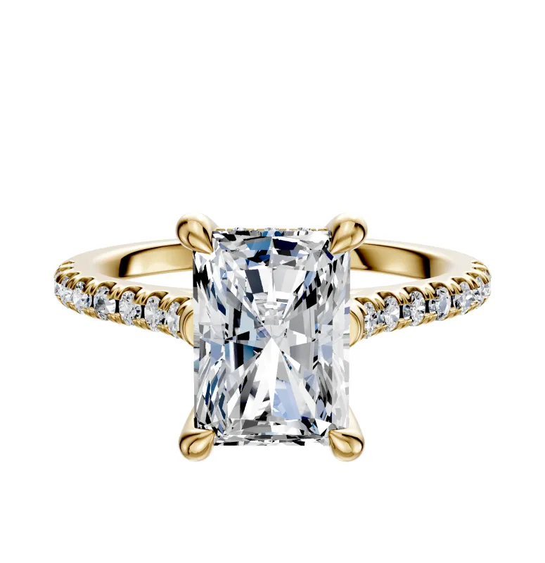 14K Yellow Gold 4 Prong Hidden Halo Cathedral Dome 1-Row-Pave 2.5mm Engagement Ring sold by Promise By Effy