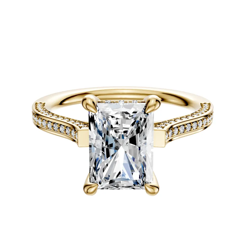 18K Yellow Gold 4 Prong Hidden Halo Cathedral Flat 3-Row-Pave 2.0mm Engagement Ring sold by Promise By Effy