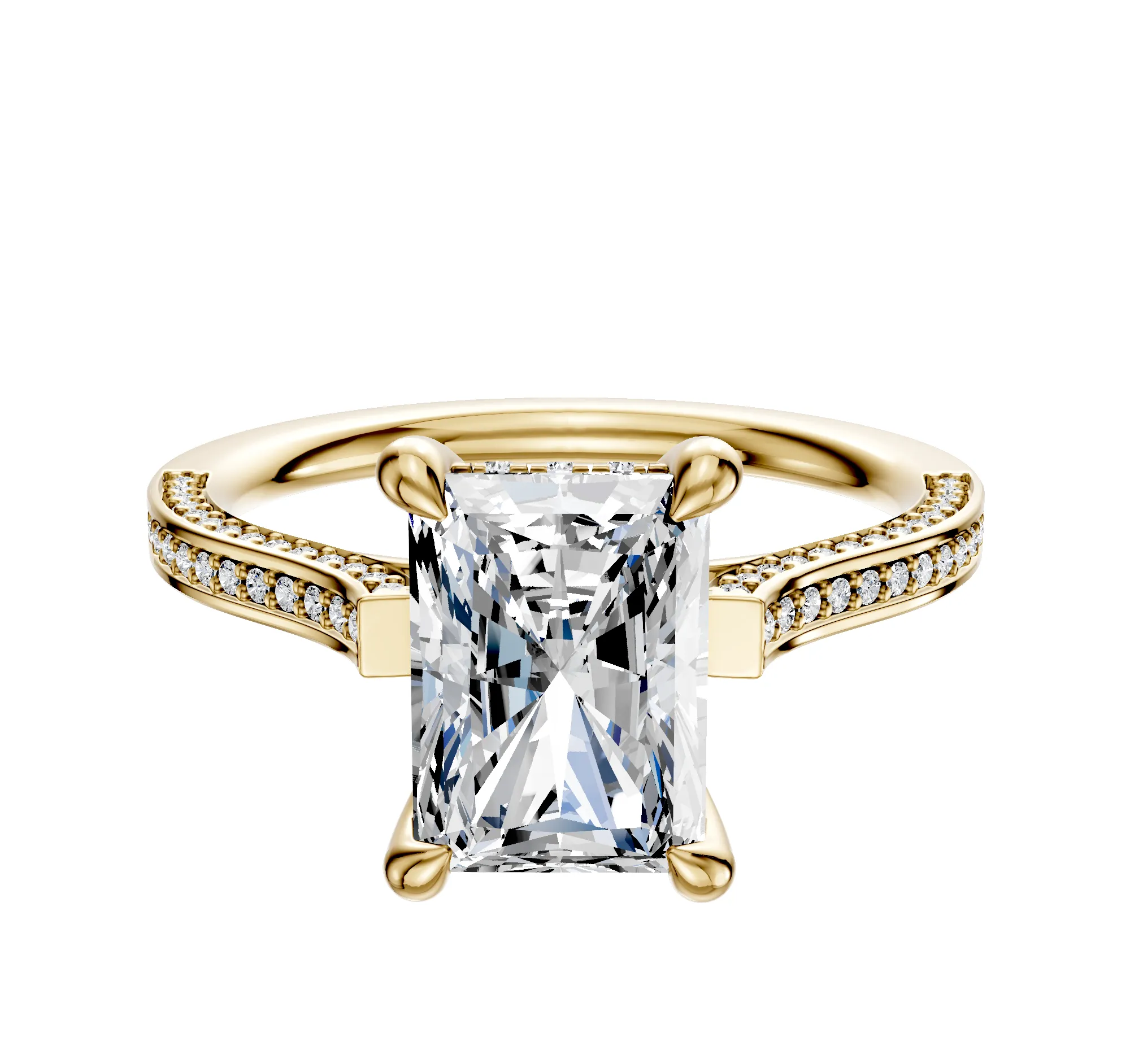 18K Yellow Gold 4 Prong Hidden Halo Cathedral Flat 3-Row-Pave 2.0mm Engagement Ring sold by Promise By Effy