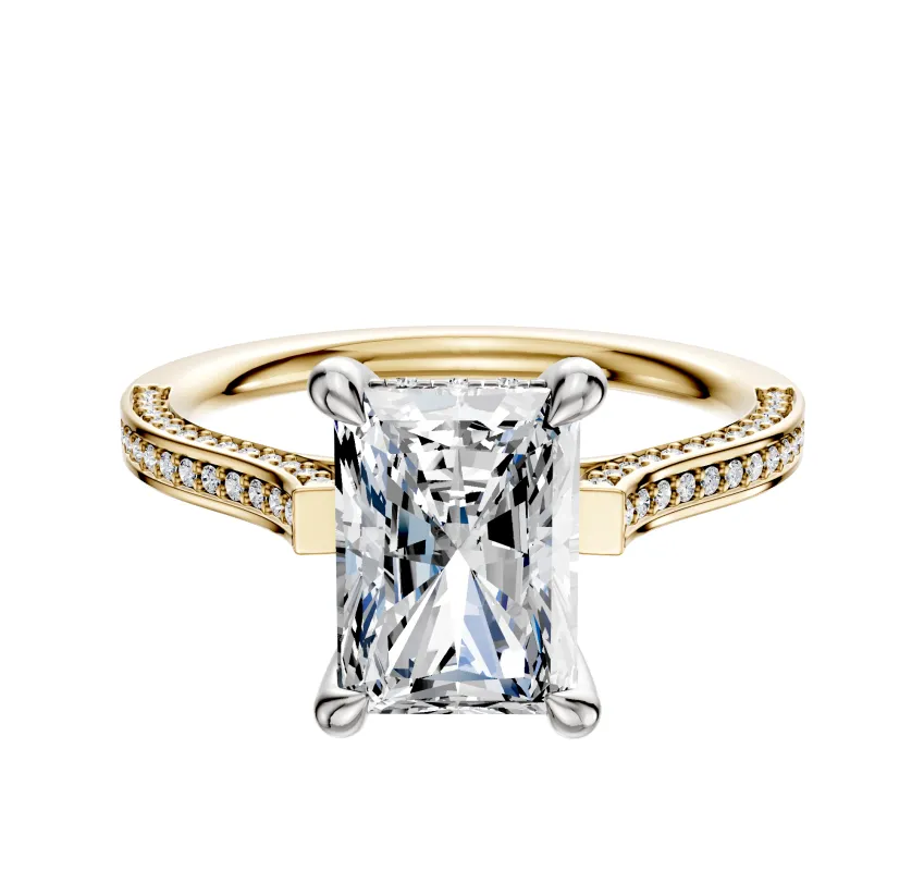 18K Two Tone 4 Prong Hidden Halo Cathedral Flat 3-Row-Pave 2.0mm Engagement Ring sold by Promise By Effy