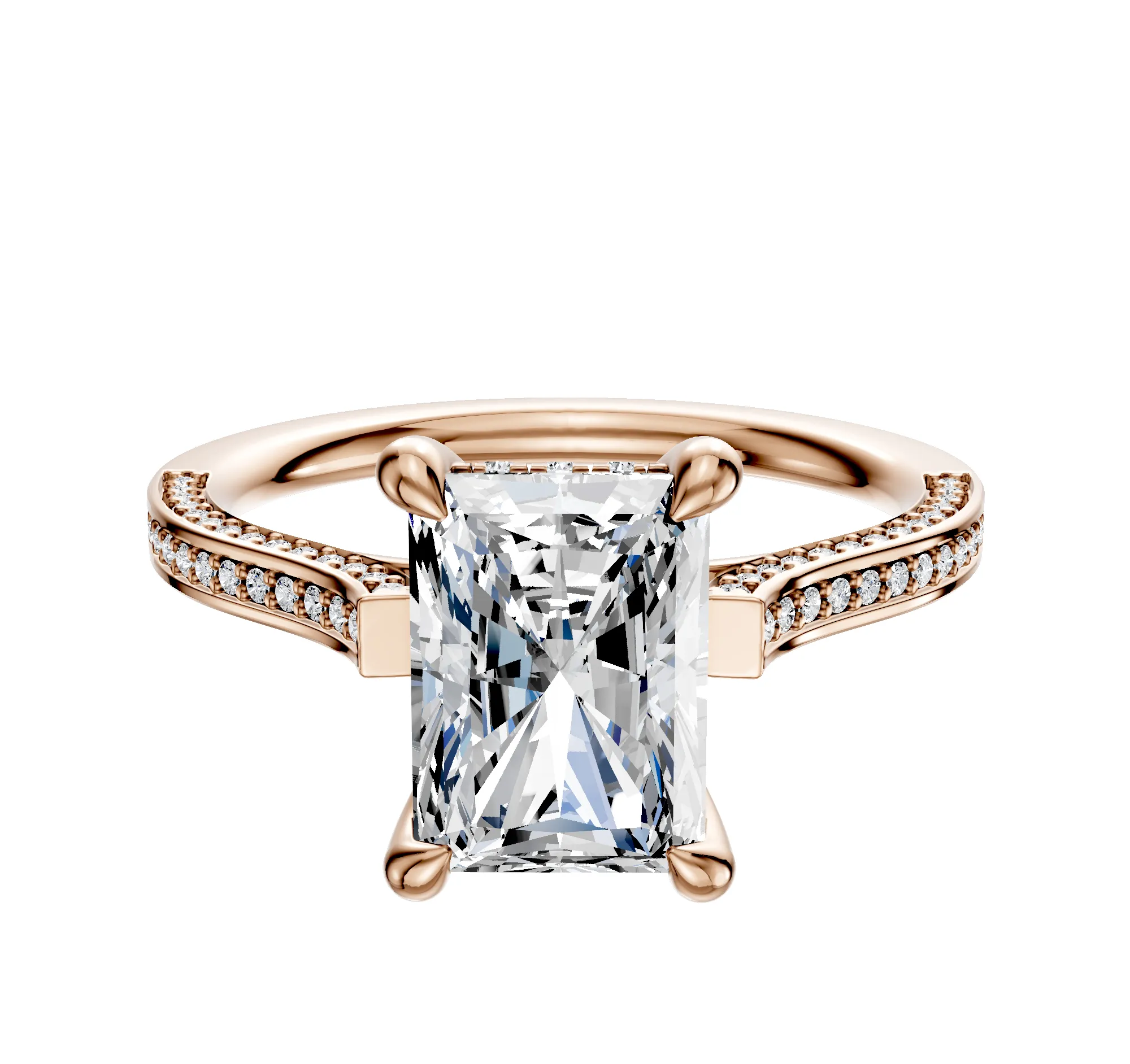 18K Rose Gold 4 Prong Hidden Halo Cathedral Flat 3-Row-Pave 2.0mm Engagement Ring sold by Promise By Effy