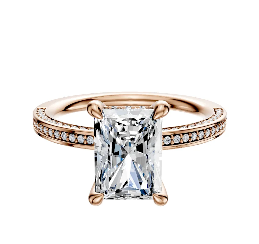 18K Rose Gold 4 Prong Hidden Halo Classic Flat 3-Row-Pave 2.0mm Engagement Ring sold by Promise By Effy