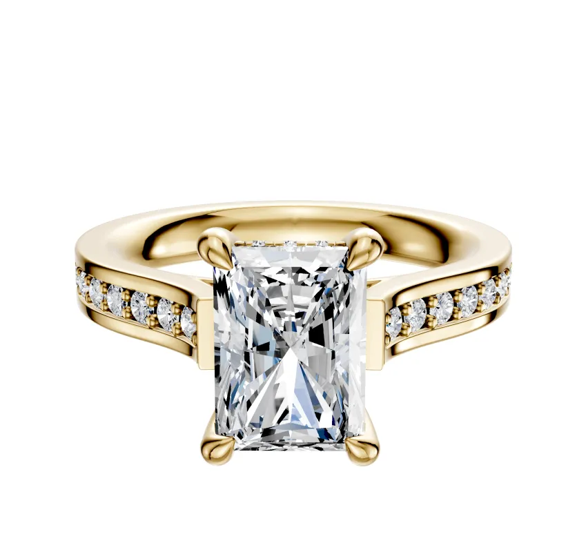 18K Yellow Gold 4 Prong Hidden Halo Cathedral Flat 1-Row-Pave 2.5mm Engagement Ring made by Promise By Effy