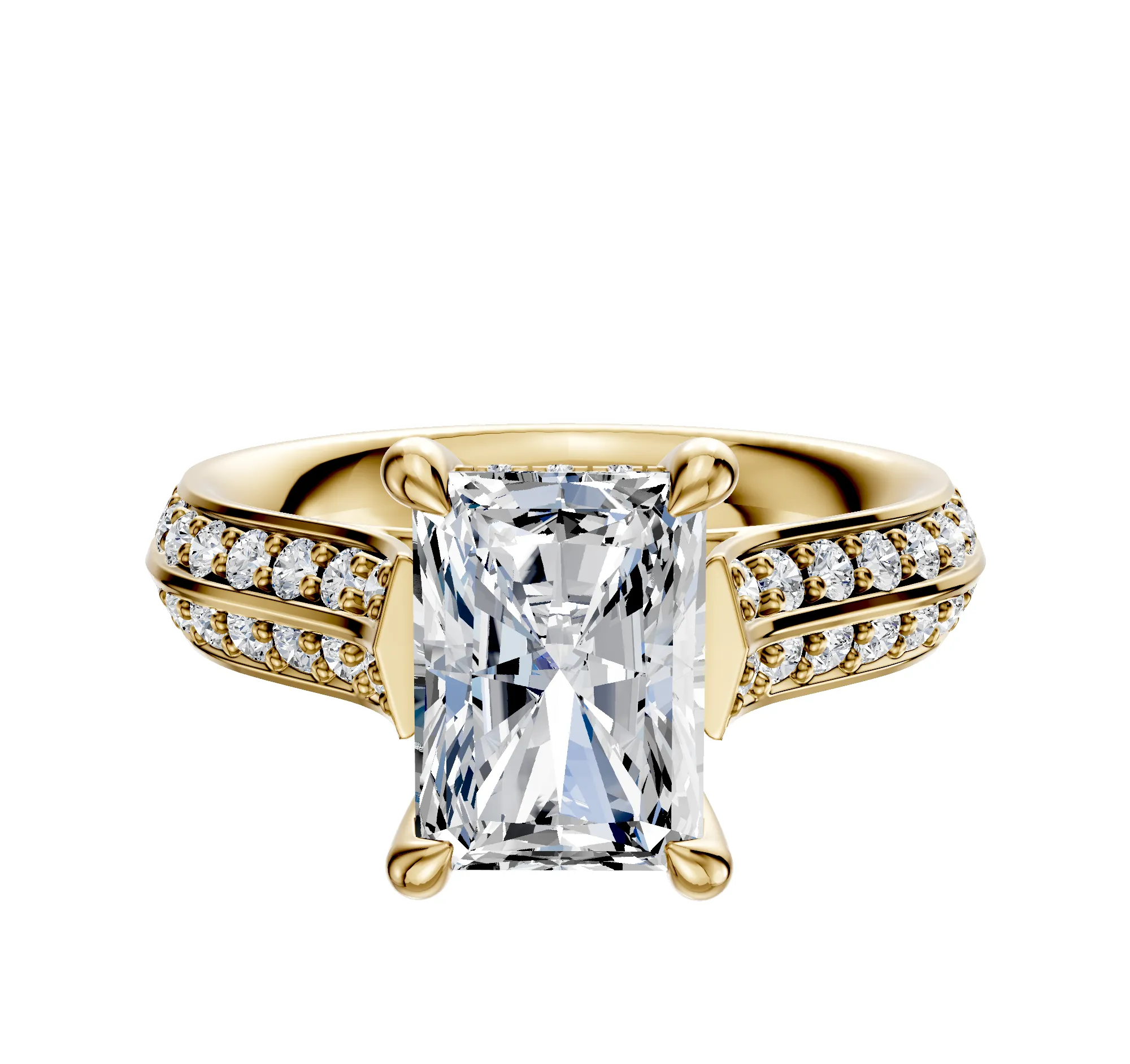 14K Yellow Gold 4 Prong Hidden Halo Cathedral Knife Edge 1-Row-Pave 2.5mm Engagement Ring sold by Promise By Effy