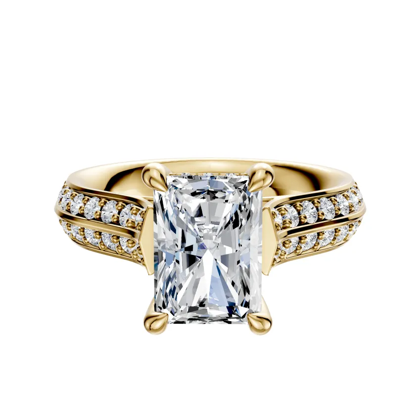 18K Yellow Gold 4 Prong Hidden Halo Cathedral Knife Edge 1-Row-Pave 2.5mm Engagement Ring sold by Promise By Effy