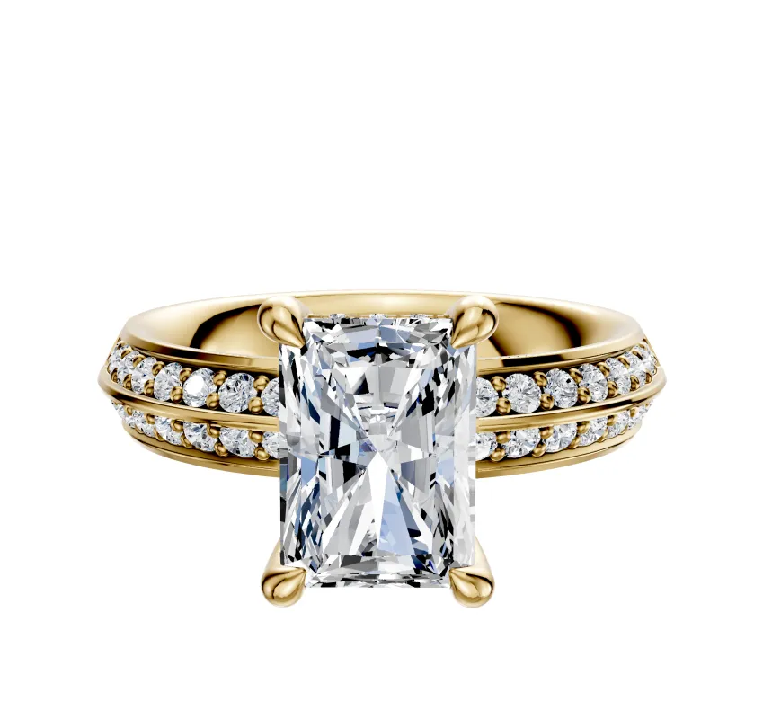 14K Yellow Gold 4 Prong Hidden Halo Classic Knife Edge 1-Row-Pave 2.5mm Engagement Ring sold by Promise By Effy