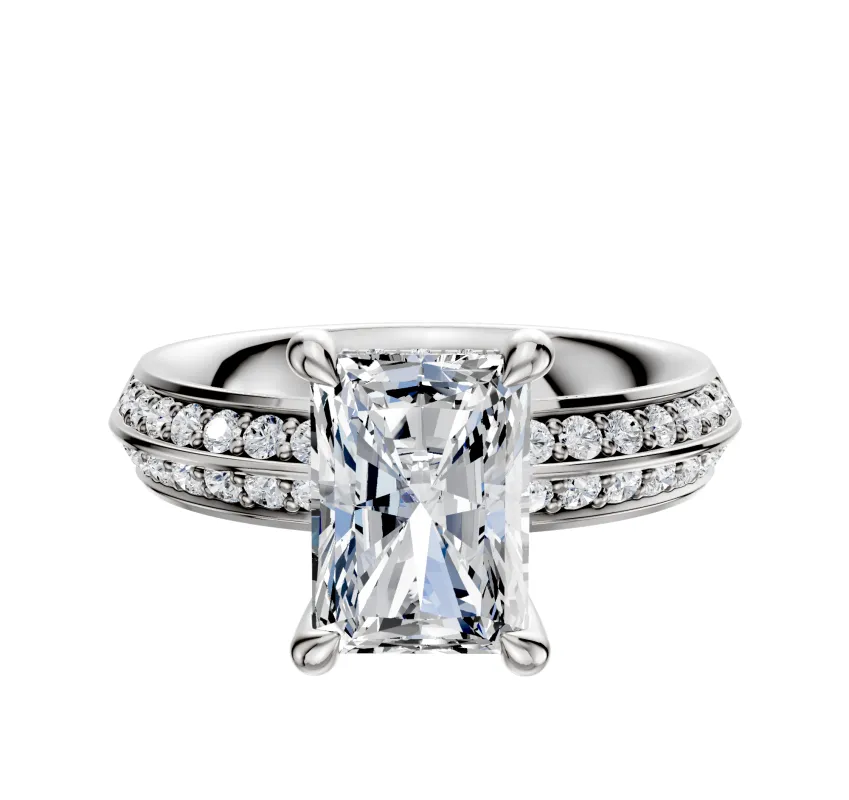 18K White Gold 4 Prong Hidden Halo Classic Knife Edge 1-Row-Pave 2.5mm Engagement Ring sold by Promise By Effy