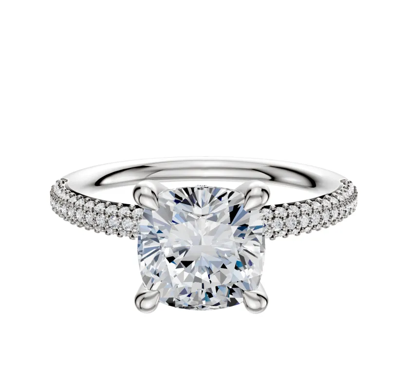 14K White Gold 4 Prong Hidden Halo Classic Dome 3-Row-Pave 2.0mm Engagement Ring sold by Promise By Effy