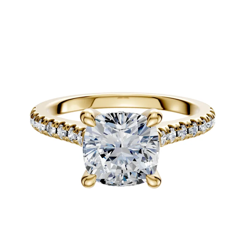 18K Yellow Gold 4 Prong Hidden Halo Cathedral Dome 1-Row-Pave 2.5mm Engagement Ring made by Promise By Effy