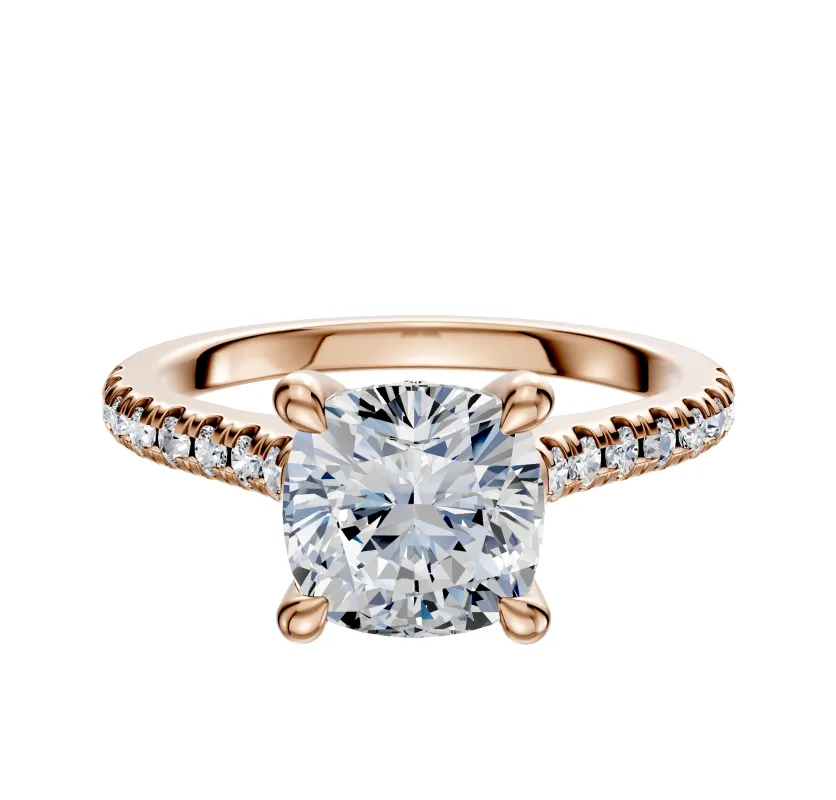 18K Rose Gold 4 Prong Hidden Halo Cathedral Dome 1-Row-Pave 2.5mm Engagement Ring sold by Promise By Effy