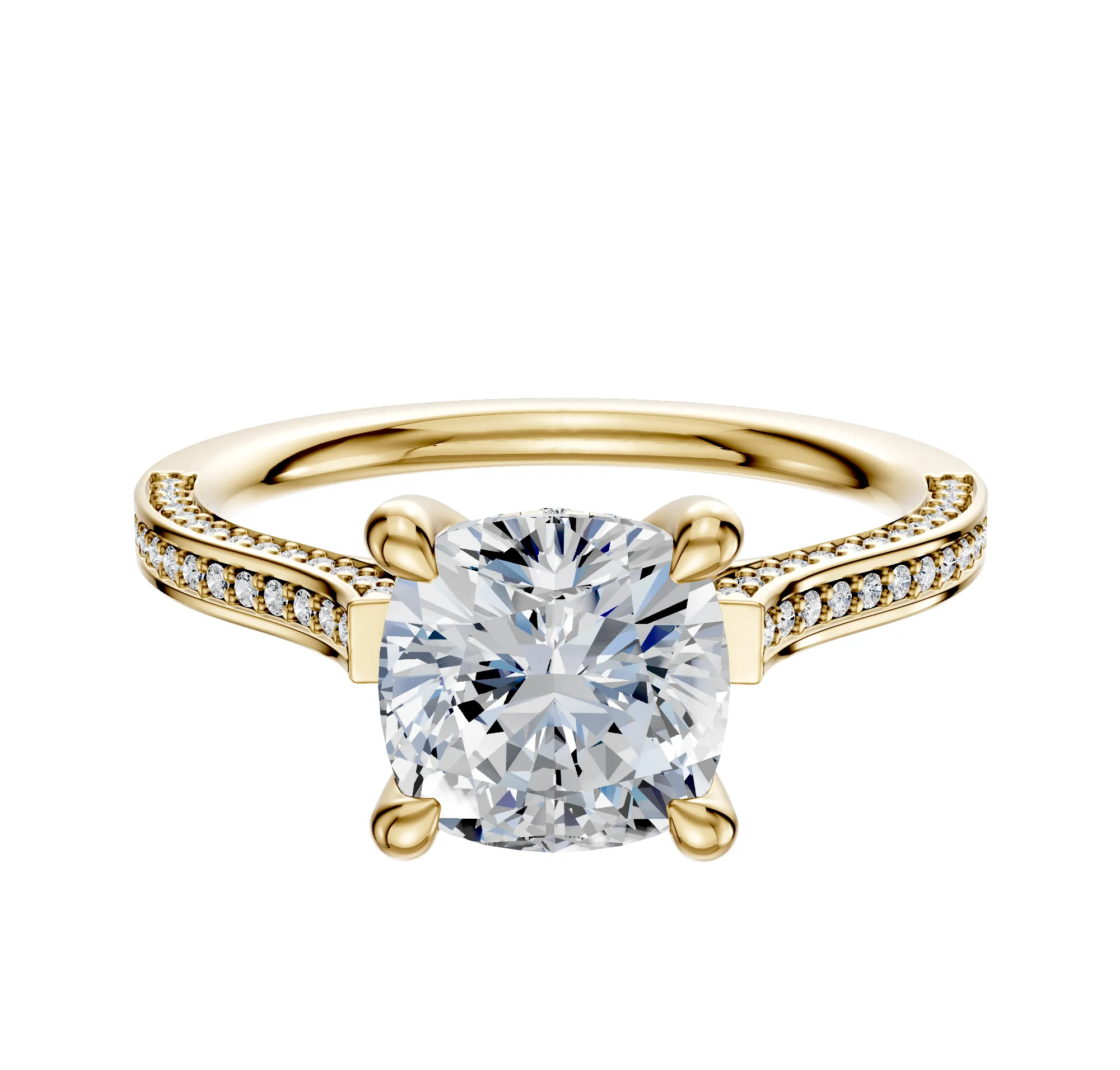 14K Yellow Gold 4 Prong Hidden Halo Cathedral Flat 3-Row-Pave 2.0mm Engagement Ring sold by Promise By Effy