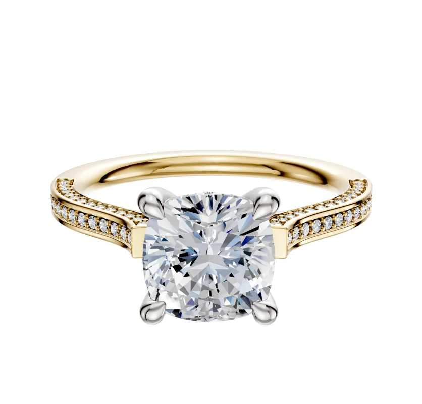 14K Two Tone 4 Prong Hidden Halo Cathedral Flat 3-Row-Pave 2.0mm Engagement Ring sold by Promise By Effy