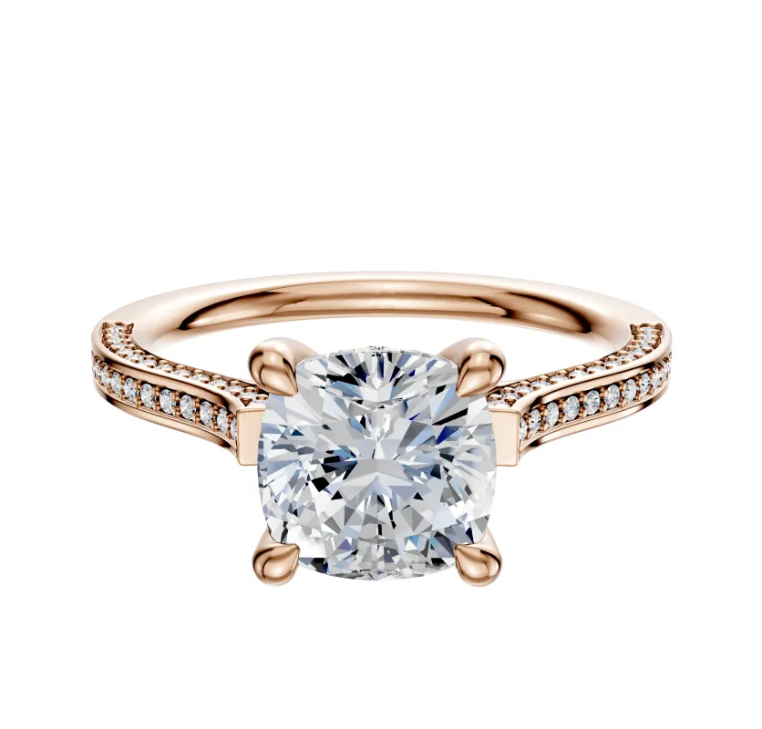 14K Rose Gold 4 Prong Hidden Halo Cathedral Flat 3-Row-Pave 2.0mm Engagement Ring sold by Promise By Effy