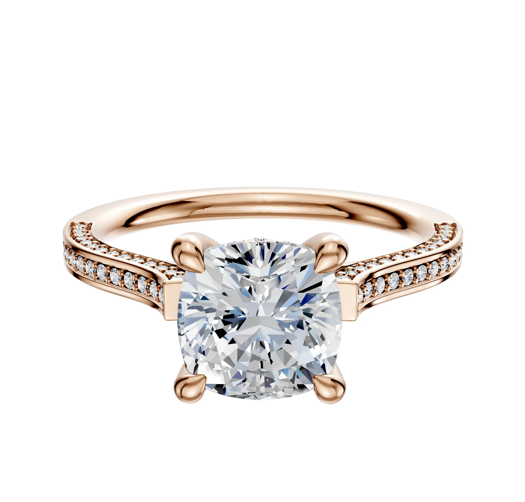 18K Rose Gold 4 Prong Hidden Halo Cathedral Flat 3-Row-Pave 2.0mm Engagement Ring sold by Promise By Effy