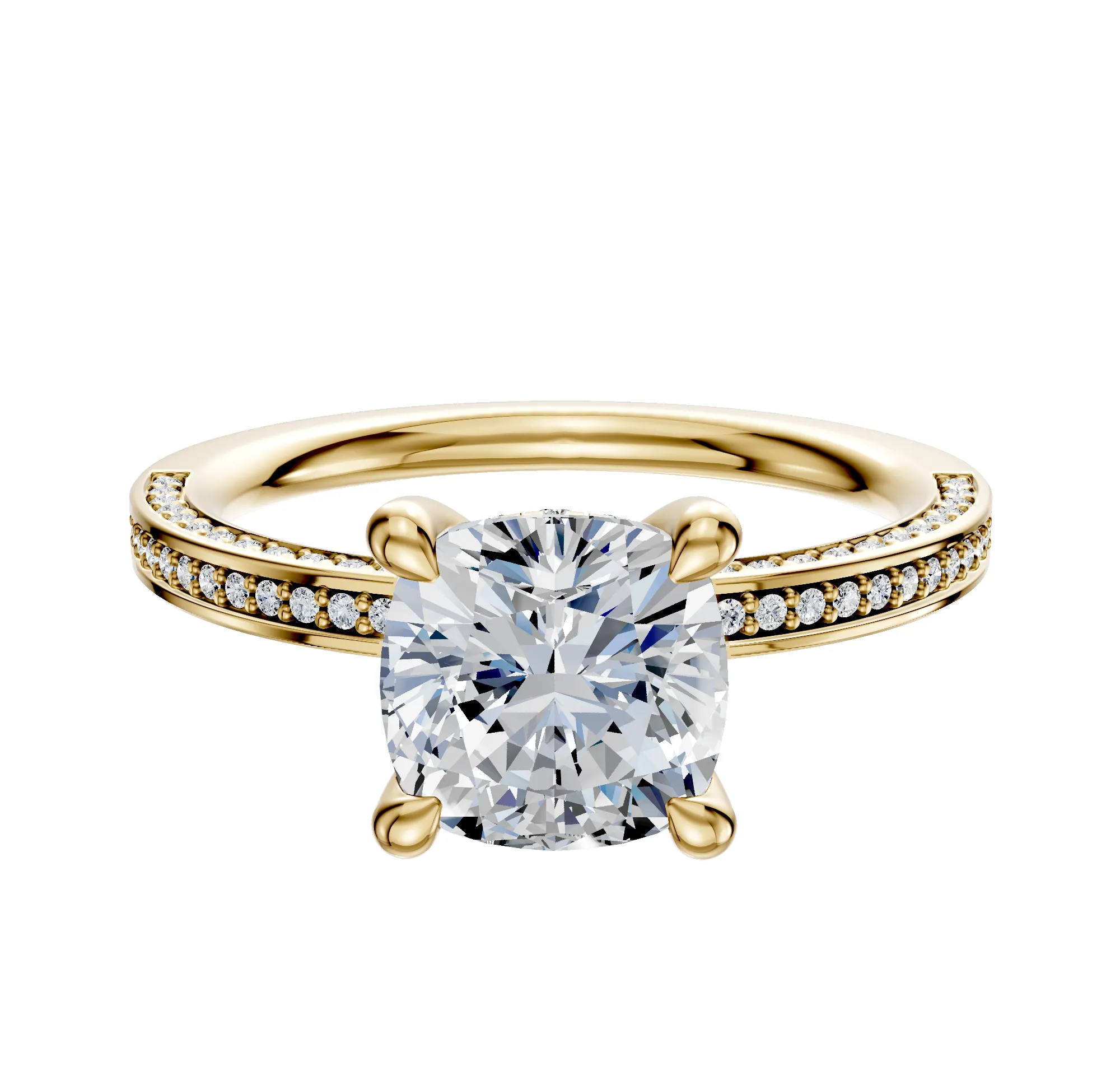 14K Yellow Gold 4 Prong Hidden Halo Classic Flat 3-Row-Pave 2.0mm Engagement Ring sold by Promise By Effy