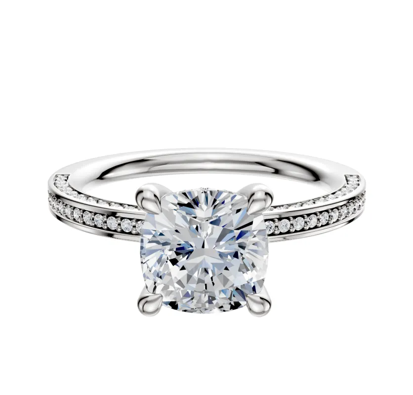 14K White Gold 4 Prong Hidden Halo Classic Flat 3-Row-Pave 2.0mm Engagement Ring sold by Promise By Effy