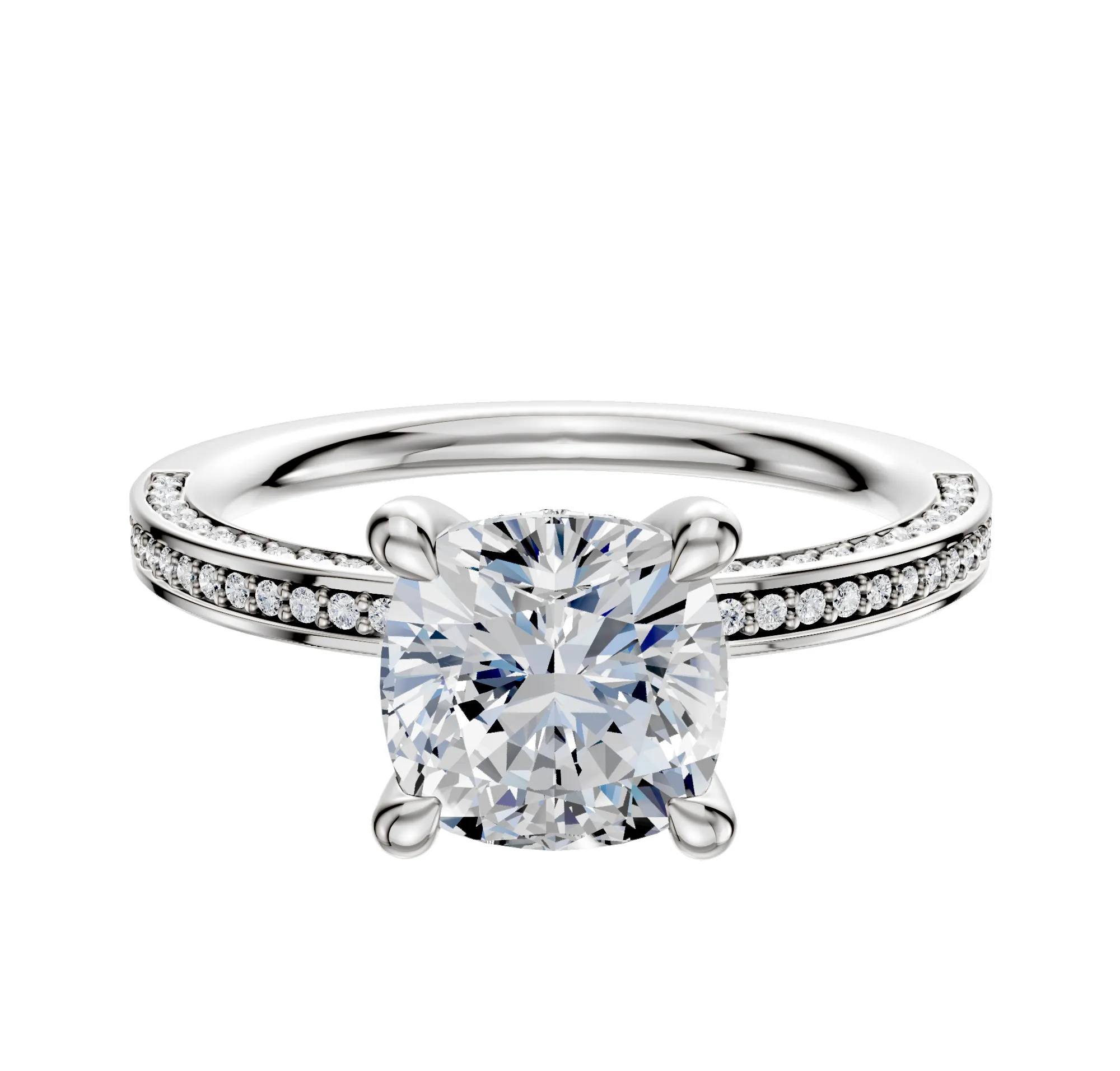 18K White Gold 4 Prong Hidden Halo Classic Flat 3-Row-Pave 2.0mm Engagement Ring sold by Promise By Effy