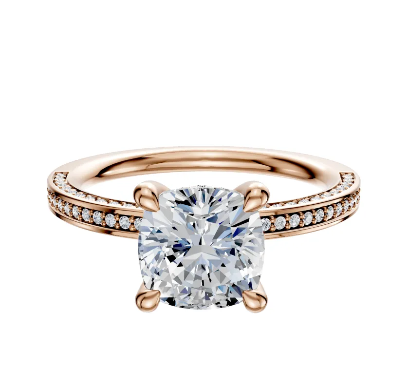 18K Rose Gold 4 Prong Hidden Halo Classic Flat 3-Row-Pave 2.0mm Engagement Ring sold by Promise By Effy