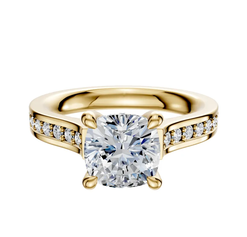 18K Yellow Gold 4 Prong Hidden Halo Cathedral Flat 1-Row-Pave 2.5mm Engagement Ring sold by Promise By Effy