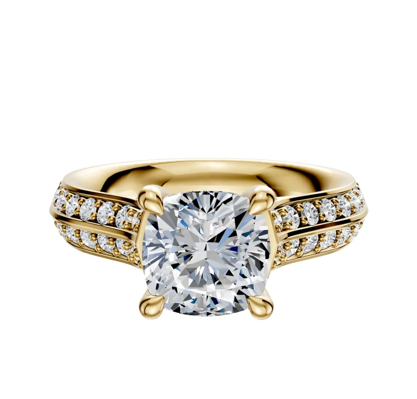 18K Yellow Gold 4 Prong Hidden Halo Cathedral Knife Edge 1-Row-Pave 2.5mm Engagement Ring sold by Promise By Effy