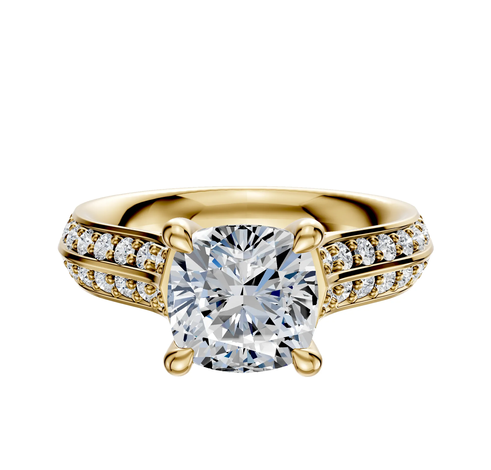 18K Yellow Gold 4 Prong Hidden Halo Cathedral Knife Edge 1-Row-Pave 2.5mm Engagement Ring sold by Promise By Effy