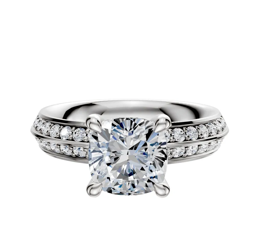 18K White Gold 4 Prong Hidden Halo Classic Knife Edge 1-Row-Pave 2.5mm Engagement Ring sold by Promise By Effy