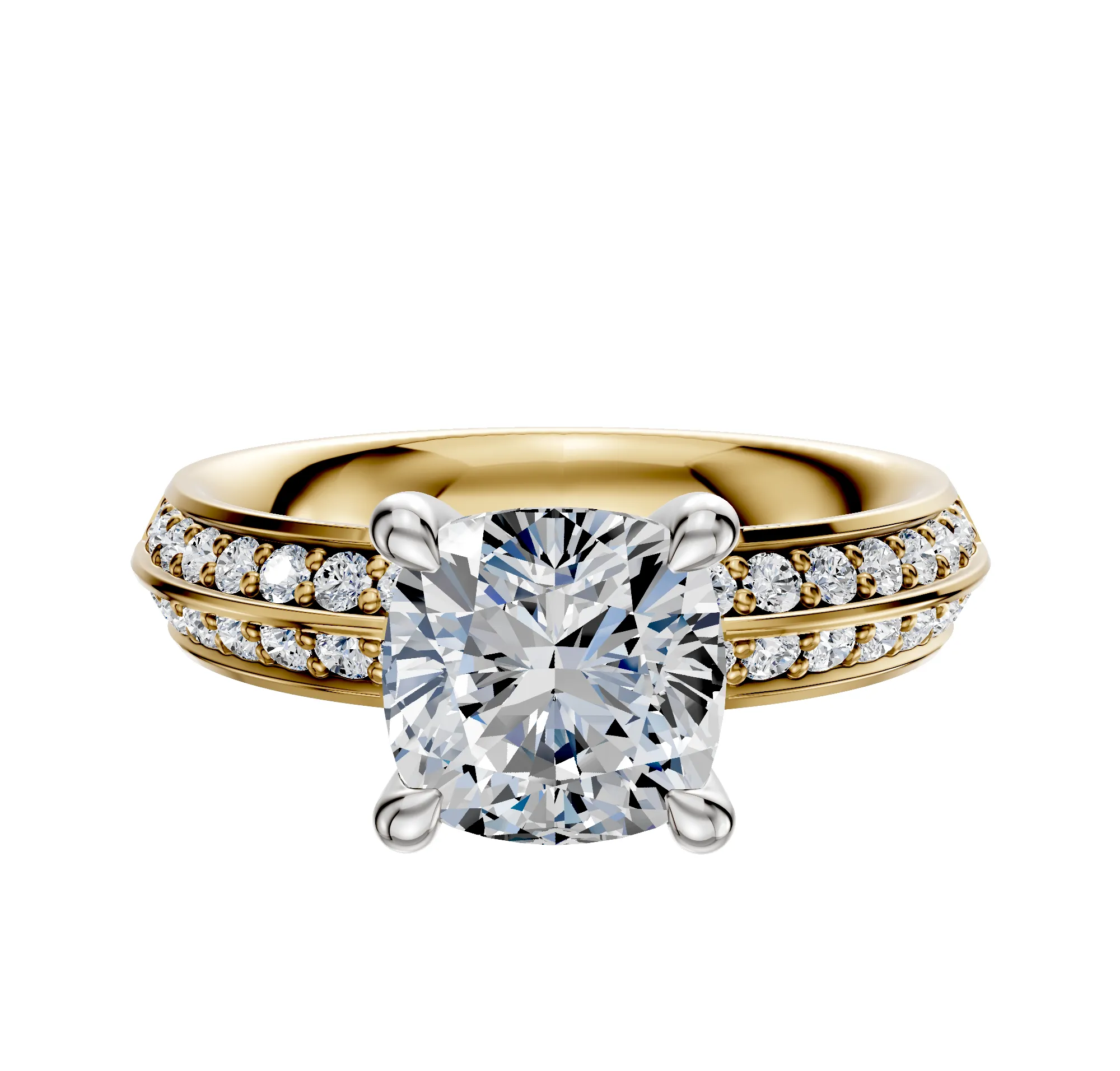 18K Two Tone 4 Prong Hidden Halo Classic Knife Edge 1-Row-Pave 2.5mm Engagement Ring sold by Promise By Effy