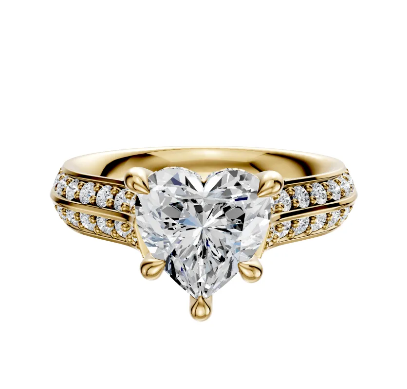 14K Yellow Gold 4 Prong Hidden Halo Cathedral Knife Edge 1-Row-Pave 2.5mm Engagement Ring sold by Promise By Effy