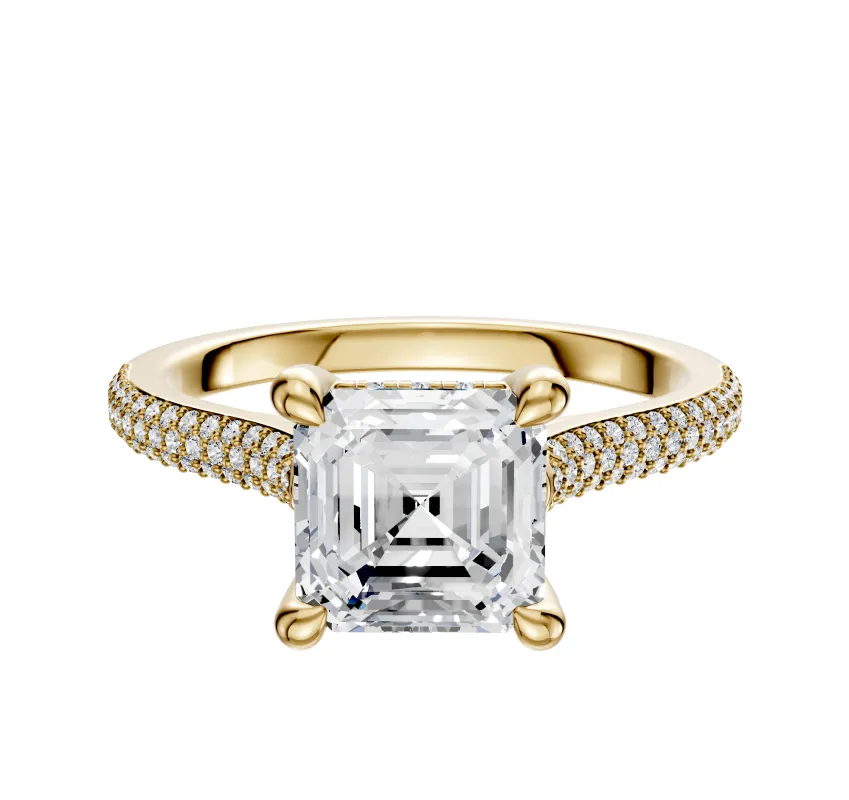 14K Yellow Gold 4 Prong Hidden Halo Cathedral Dome 3-Row-Pave 2.0mm Engagement Ring sold by Promise By Effy