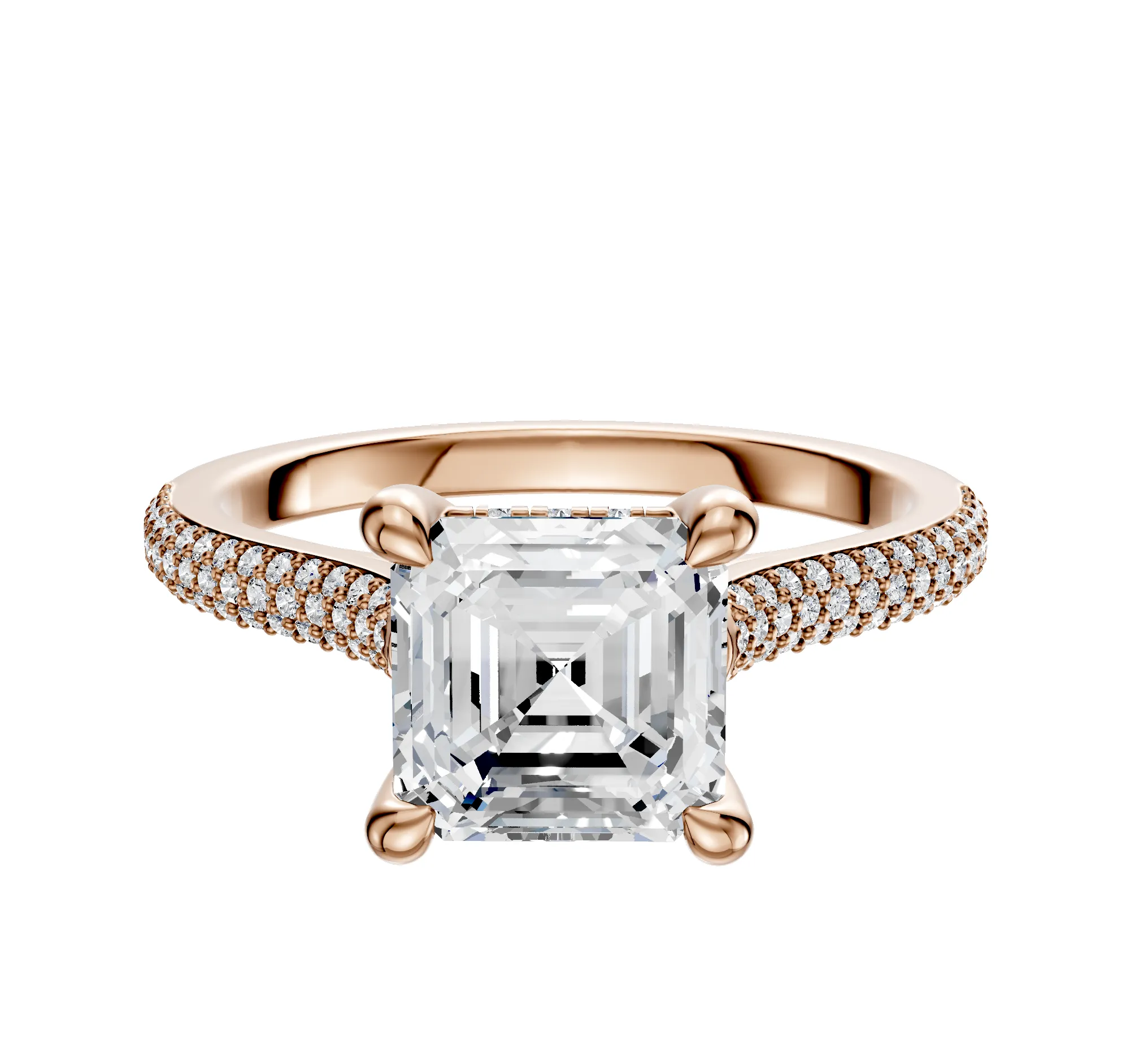 18K Rose Gold 4 Prong Hidden Halo Cathedral Dome 3-Row-Pave 2.0mm Engagement Ring sold by Promise By Effy