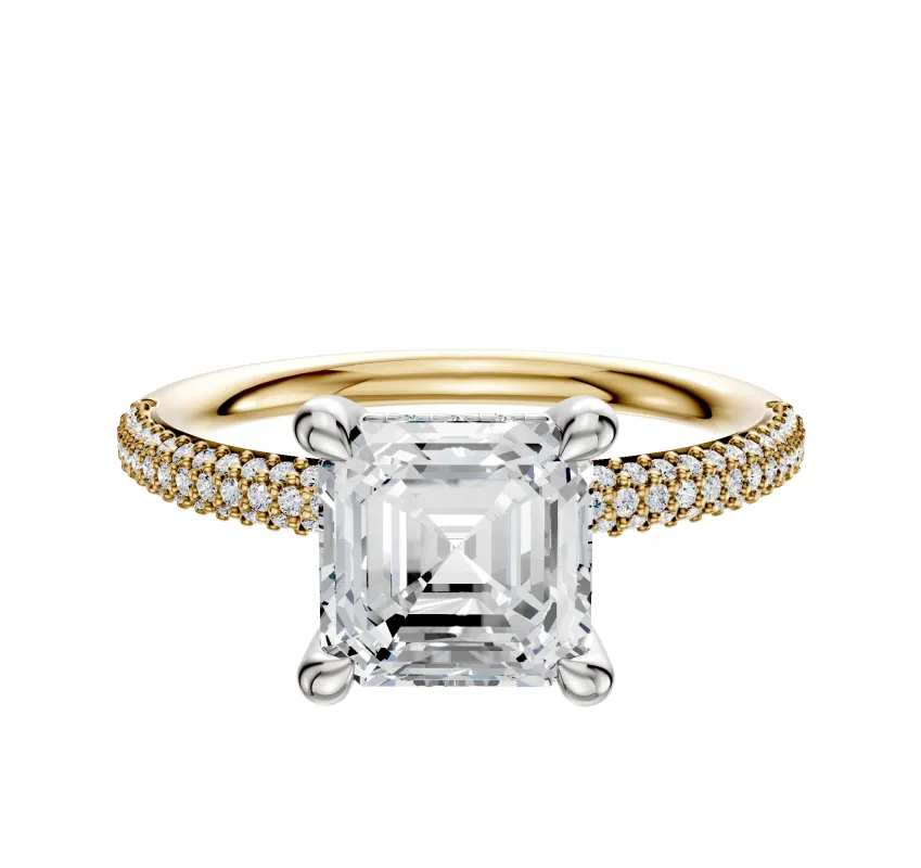 18K Two Tone 4 Prong Hidden Halo Classic Dome 3-Row-Pave 2.0mm Engagement Ring sold by Promise By Effy