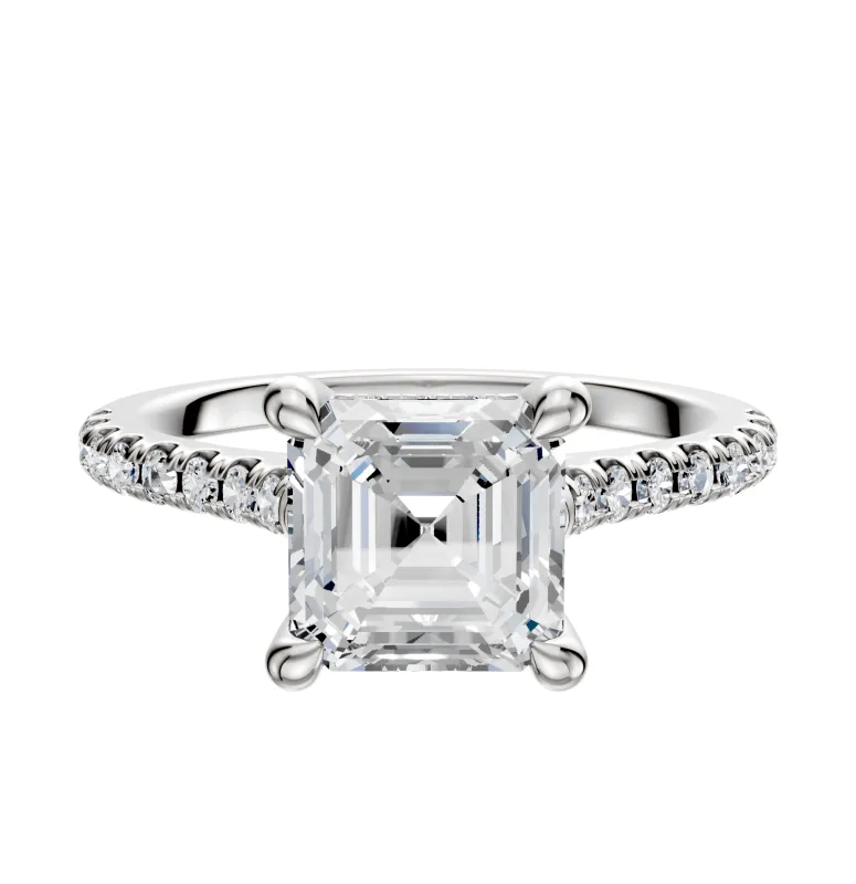 14K White Gold 4 Prong Hidden Halo Cathedral Dome 1-Row-Pave 2.5mm Engagement Ring sold by Promise By Effy