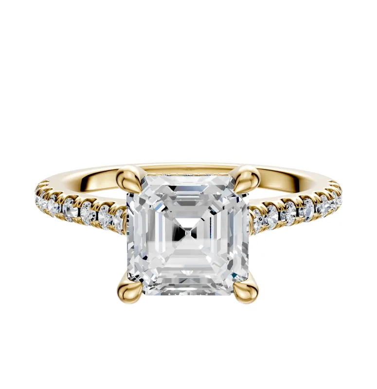 14K Yellow Gold 4 Prong Hidden Halo Cathedral Dome 1-Row-Pave 2.5mm Engagement Ring made by Promise By Effy